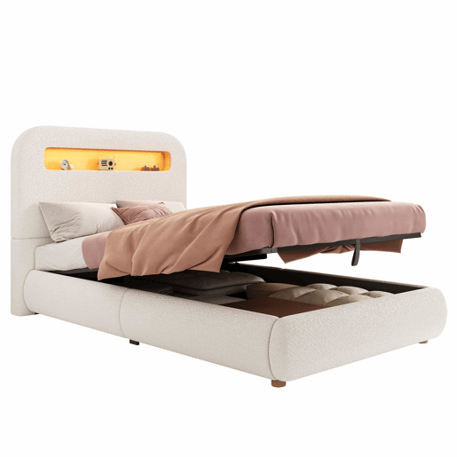 Cama estofada individual para criança 90x200 cm - cama hidráulica com base de ripas, cabeceira, amplo espaço de arrumação, iluminação LED, pés em madeira maciça, tecido bouclé - branco