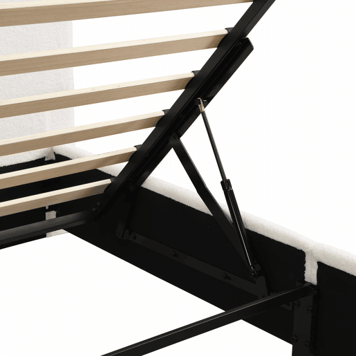 Cama estofada individual para criança 90x200 cm - cama hidráulica com base de ripas, cabeceira, amplo espaço de arrumação, iluminação LED, pés em madeira maciça, tecido bouclé - branco