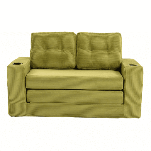 Sofá pufe de 2 lugares - conversível, sem estrutura, com porta-copos e bolsos laterais, almofadas acolchoadas com encosto - verde-oliva