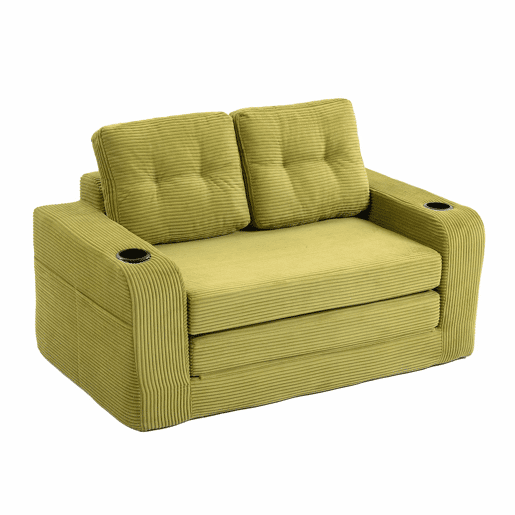 Sofá pufe de 2 lugares - conversível, sem estrutura, com porta-copos e bolsos laterais, almofadas acolchoadas com encosto - verde-oliva