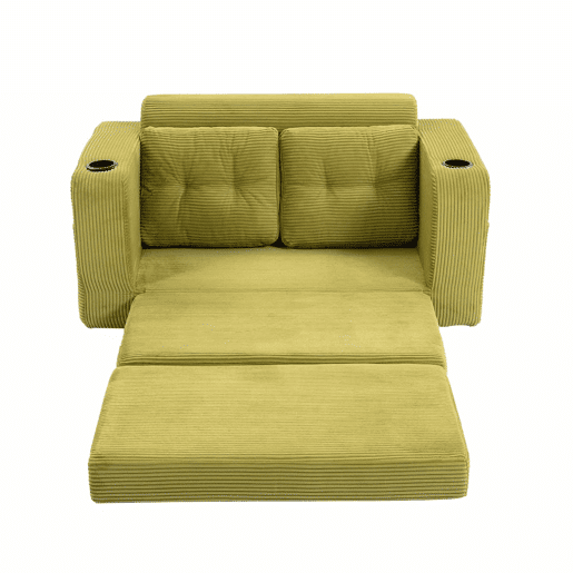Sofá pufe de 2 lugares - conversível, sem estrutura, com porta-copos e bolsos laterais, almofadas acolchoadas com encosto - verde-oliva