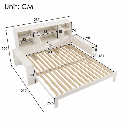 Cama com arrumação 90x200 cm - cama embutida com cama extraível, portas duplas de arrumação, portas USBUSB-C, design multifuncional e economizador de espaço, cama juvenil e de casal - branco