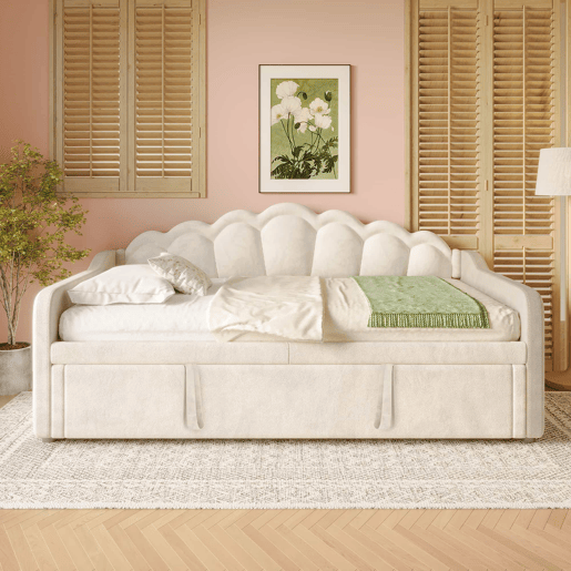 Sofá-cama com gaveta 90x200 cm (180x200 cm) - cama extensível, sofá-cama individual e duplo, veludo, faixa LED colorida, sem colchão - bege
