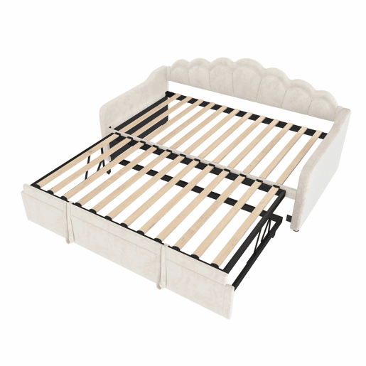 Sofá-cama com gaveta 90x200 cm (180x200 cm) - cama extensível, sofá-cama individual e duplo, veludo, faixa LED colorida, sem colchão - bege