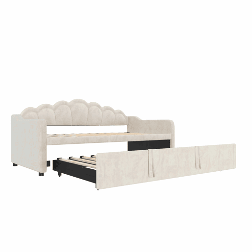 Sofá-cama com gaveta 90x200 cm (180x200 cm) - cama extensível, sofá-cama individual e duplo, veludo, faixa LED colorida, sem colchão - bege