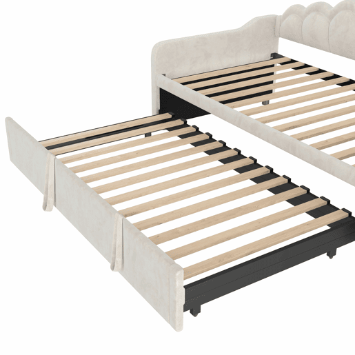 Sofá-cama com gaveta 90x200 cm (180x200 cm) - cama extensível, sofá-cama individual e duplo, veludo, faixa LED colorida, sem colchão - bege