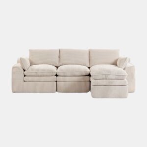 Sofá modular de 3 lugares - com pufe, almofadas e 2 bolsos laterais - bege