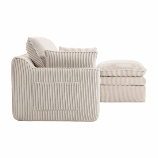 Sofá modular de 3 lugares - com pufe, almofadas e 2 bolsos laterais - bege