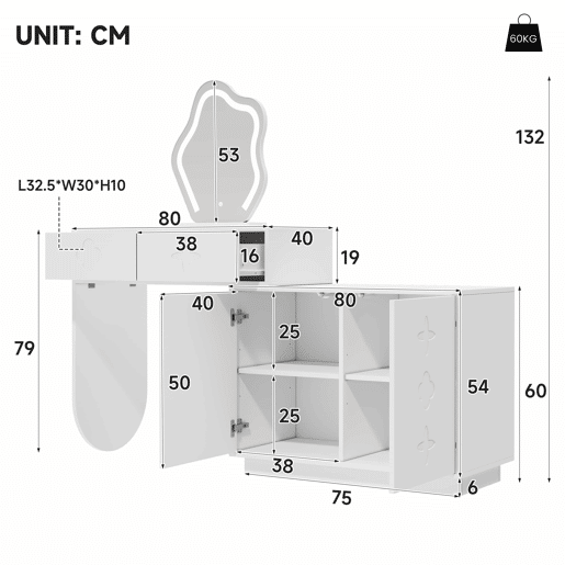 Penteadeira com espelho LED 160 x 40 x 132 cm - iluminação LED regulável com 3 intensidades, 2 gavetas, armário com 4 compartimentos - Branco