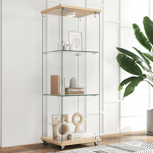 Vitrine moderna em vidro 120 x 42,5 x 36,5 cm - LED, 1 porta, 3 prateleiras, estilo natural - Natural