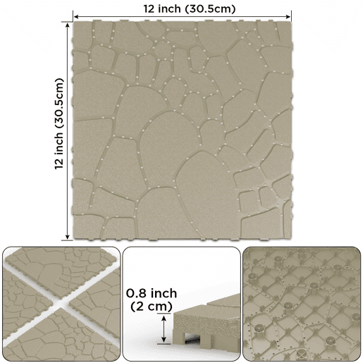 Ladrilhos para terraço de 30 cm - textura de pedra, sistema de encaixe DIY, instalação fácil e rápida, 44 peças - bege