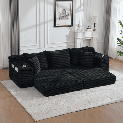 Sofá de tecido canelado de 4 lugares - encosto alto, almofadas adicionais, bolsos laterais e porta-copos, convertível em sofá-cama, estofamento macio - Preto