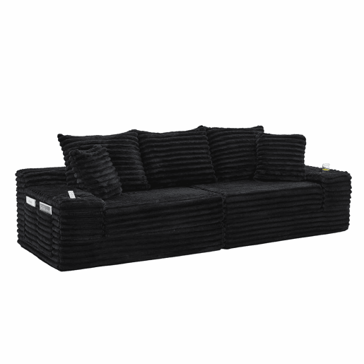 Sofá de tecido canelado de 4 lugares - encosto alto, almofadas adicionais, bolsos laterais e porta-copos, convertível em sofá-cama, estofamento macio - Preto
