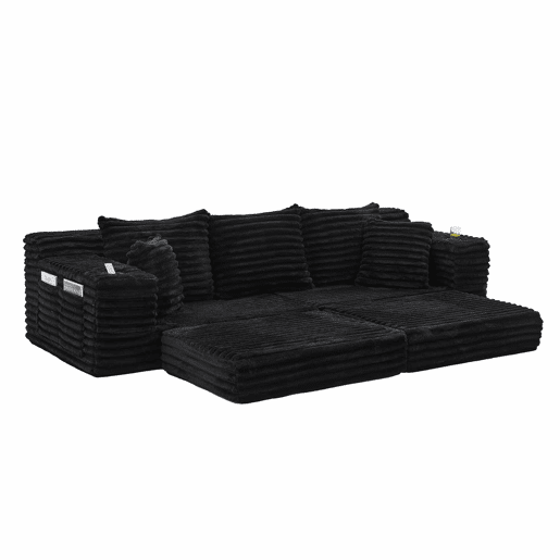 Sofá de tecido canelado de 4 lugares - encosto alto, almofadas adicionais, bolsos laterais e porta-copos, convertível em sofá-cama, estofamento macio - Preto