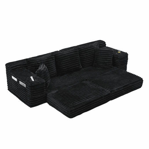 Sofá de tecido canelado de 4 lugares - encosto alto, almofadas adicionais, bolsos laterais e porta-copos, convertível em sofá-cama, estofamento macio - Preto