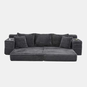 Sofá de 4 lugares - estofado em veludo cotelê, encosto alto, almofadas extra, bolsos laterais e porta-copos, convertível em cama - Cinza escuro