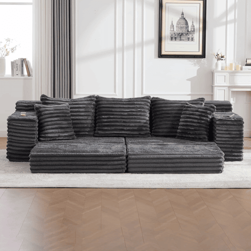 Sofá de 4 lugares - estofado em veludo cotelê, encosto alto, almofadas extra, bolsos laterais e porta-copos, convertível em cama - Cinza escuro
