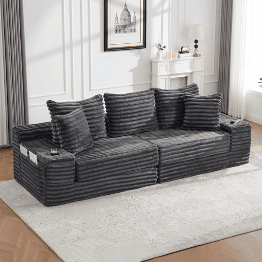 Sofá de 4 lugares - estofado em veludo cotelê, encosto alto, almofadas extra, bolsos laterais e porta-copos, convertível em cama - Cinza escuro
