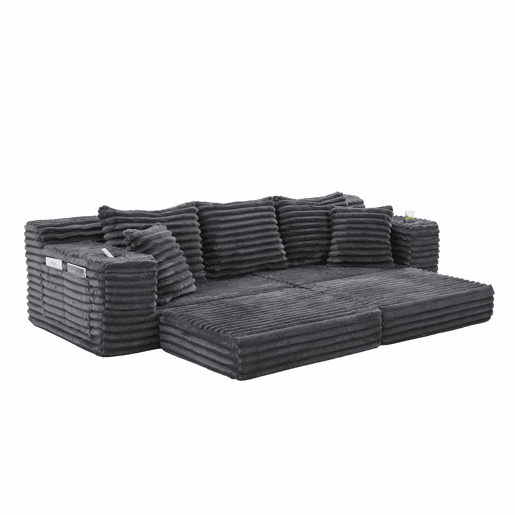 Sofá de 4 lugares - estofado em veludo cotelê, encosto alto, almofadas extra, bolsos laterais e porta-copos, convertível em cama - Cinza escuro