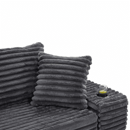 Sofá de 4 lugares - estofado em veludo cotelê, encosto alto, almofadas extra, bolsos laterais e porta-copos, convertível em cama - Cinza escuro