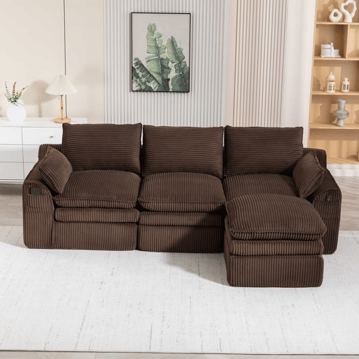 Sofá modular de 3 lugares com otomana - tecido de veludo cotelê, almofadas incluídas, 2 bolsos laterais, espuma de 3 camadas + molas de alta resiliência, design modular combinável - castanho