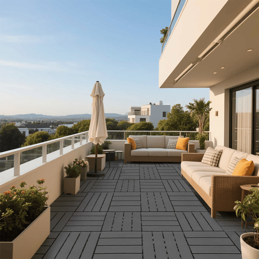 Ladrilhos de plástico encaixáveis para terraços, 30 x 30 cm - 44 peças, sistema modular, impermeáveis, adequados para todas as condições climáticas, uso exterior em piscinas, varandas e jardins - cinzento escuro