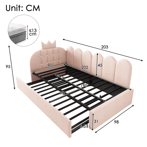 Sofá-cama com cama extraível 90x200 cm  90x190 cm - em forma de L, veludo, design com coroa e grelha, poupa espaço para quartos infantis e de hóspedes, sem colchão - rosa