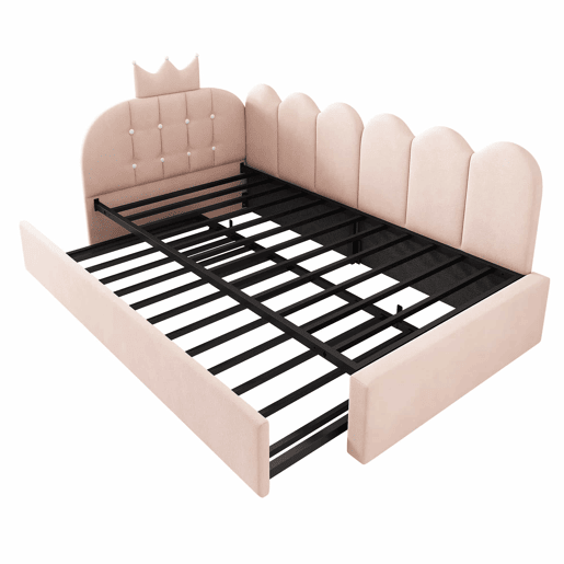 Sofá-cama com cama extraível 90x200 cm  90x190 cm - em forma de L, veludo, design com coroa e grelha, poupa espaço para quartos infantis e de hóspedes, sem colchão - rosa