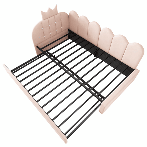 Sofá-cama com cama extraível 90x200 cm  90x190 cm - em forma de L, veludo, design com coroa e grelha, poupa espaço para quartos infantis e de hóspedes, sem colchão - rosa