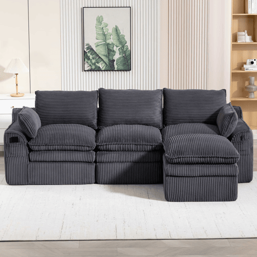 Sofá modular de 3 lugares - Com almofadas e 2 bolsos laterais, espuma de 3 camadas + molas para recuperação rápida - Cinza escuro