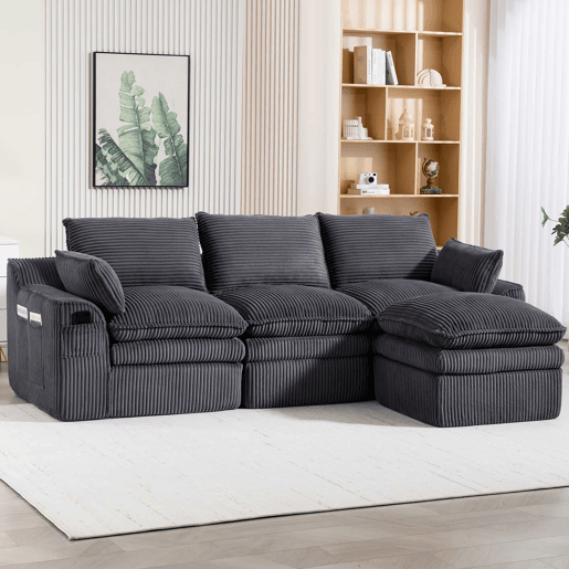 Sofá modular de 3 lugares - Com almofadas e 2 bolsos laterais, espuma de 3 camadas + molas para recuperação rápida - Cinza escuro