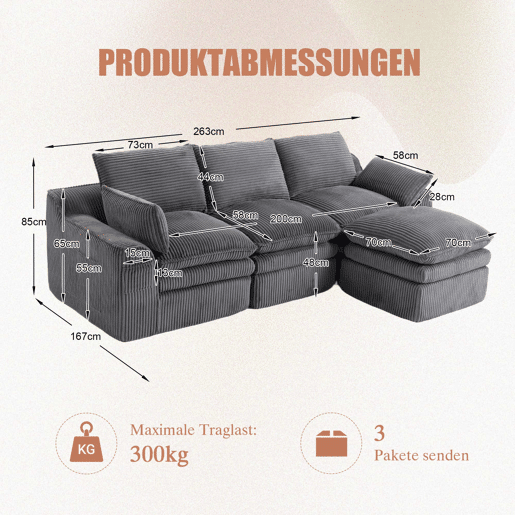 Sofá modular de 3 lugares - Com almofadas e 2 bolsos laterais, espuma de 3 camadas + molas para recuperação rápida - Cinza escuro