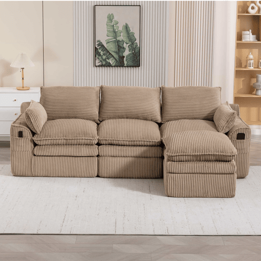 Sofá modular de 3 lugares em veludo cotelê com otomana - espuma de 3 camadas e molas, almofadas incluídas, bolsos laterais, design modular combinável, recuperação rápida - cáqui