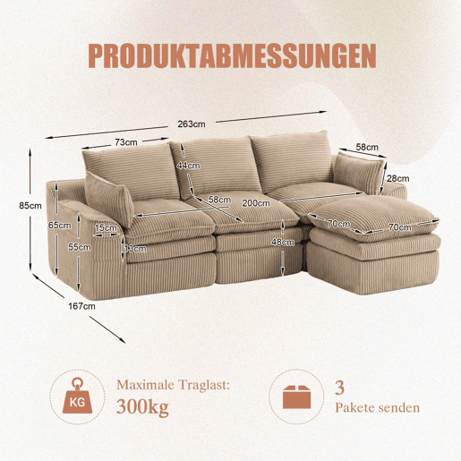 Sofá modular de 3 lugares em veludo cotelê com otomana - espuma de 3 camadas e molas, almofadas incluídas, bolsos laterais, design modular combinável, recuperação rápida - cáqui