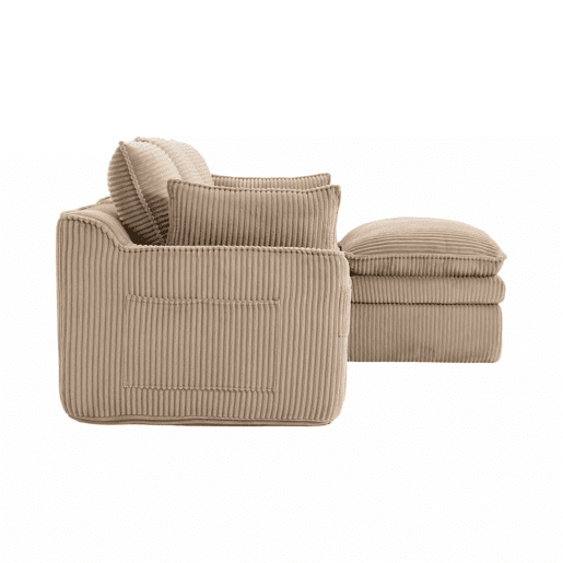 Sofá modular de 3 lugares em veludo cotelê com otomana - espuma de 3 camadas e molas, almofadas incluídas, bolsos laterais, design modular combinável, recuperação rápida - cáqui