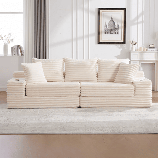 Sofá de 4 lugares - encosto alto, almofadas adicionais, bolsos laterais e porta-copos, convertível em cama, estofamento macio - Bege