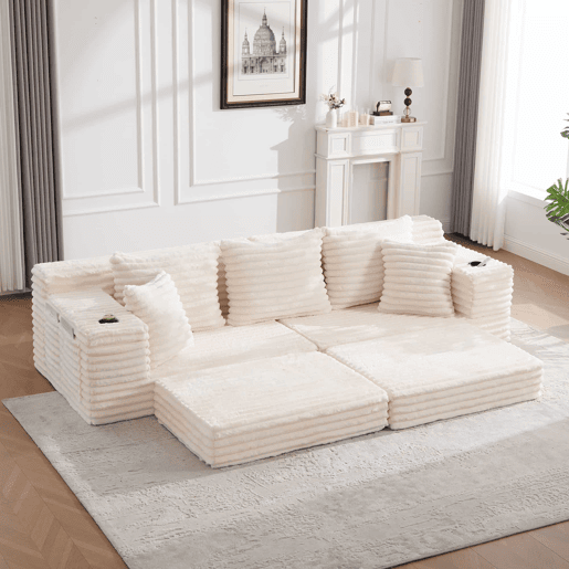 Sofá de 4 lugares - encosto alto, almofadas adicionais, bolsos laterais e porta-copos, convertível em cama, estofamento macio - Bege