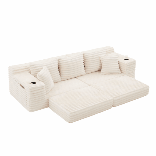 Sofá de 4 lugares - encosto alto, almofadas adicionais, bolsos laterais e porta-copos, convertível em cama, estofamento macio - Bege