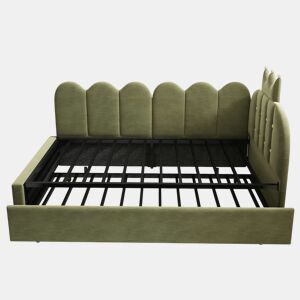 Sofá-cama com cama extra de 90x200 cm e cama extraível de 90x190 cm - formato em L, veludo, design com coroa e grelha, poupa espaço - verde