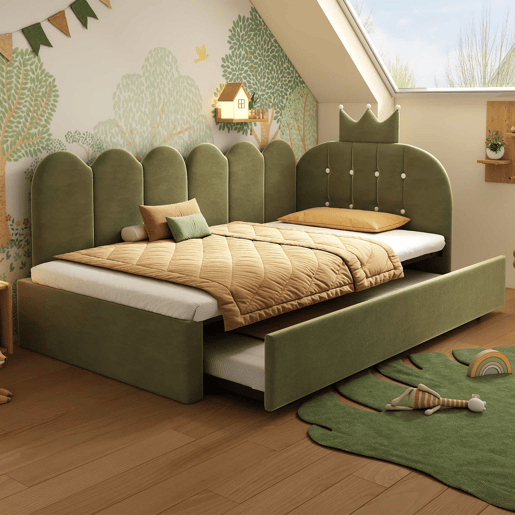 Sofá-cama com cama extra de 90x200 cm e cama extraível de 90x190 cm - formato em L, veludo, design com coroa e grelha, poupa espaço - verde