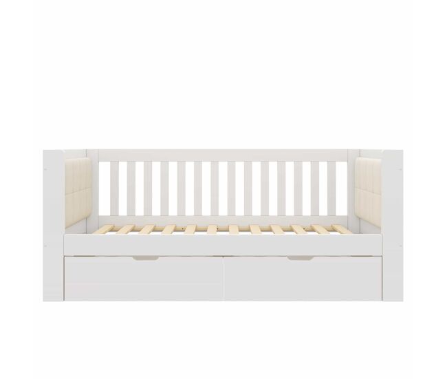 Sofá cama 90x200 cm - 2 cajones, madera, brazos redondeados, respaldo cómodo, ideal para apartamentos pequeños, montaje fácil, sin colchón - blanco