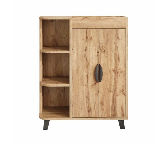 Zapatero estrecho de doble puerta - estantes abiertos, armario multiusos para recibidor, acabado efecto madera, con estante superior - natural
