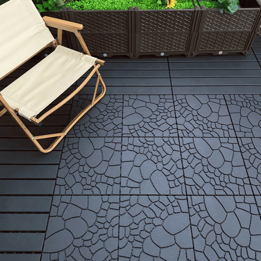 Ladrilhos de terraço encaixáveis de 30 cm - textura de pedra, sistema modular encaixável DIY, instalação fácil e rápida, 44 peças, para uso exterior em pátios, piscinas, varandas e jardins - cinzento escuro