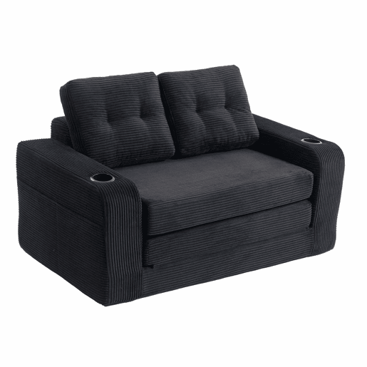 Sofá pufe modular de 2 lugares - conversível, sem estrutura, com porta-copos, bolsos laterais e almofadas acolchoadas com encosto - preto