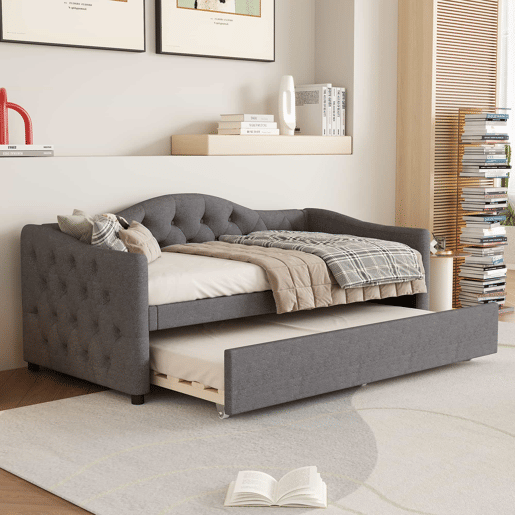 Cama extra extensível 90x200 cm - sofá-cama individual, cama extraível, estilo minimalista, linho - cinzento