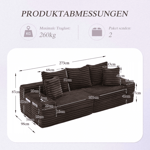 Sofá de tecido veludo cotelê de 4 lugares - encosto alto, almofadas adicionais, bolsos laterais e porta-copos, convertível em sofá-cama - café