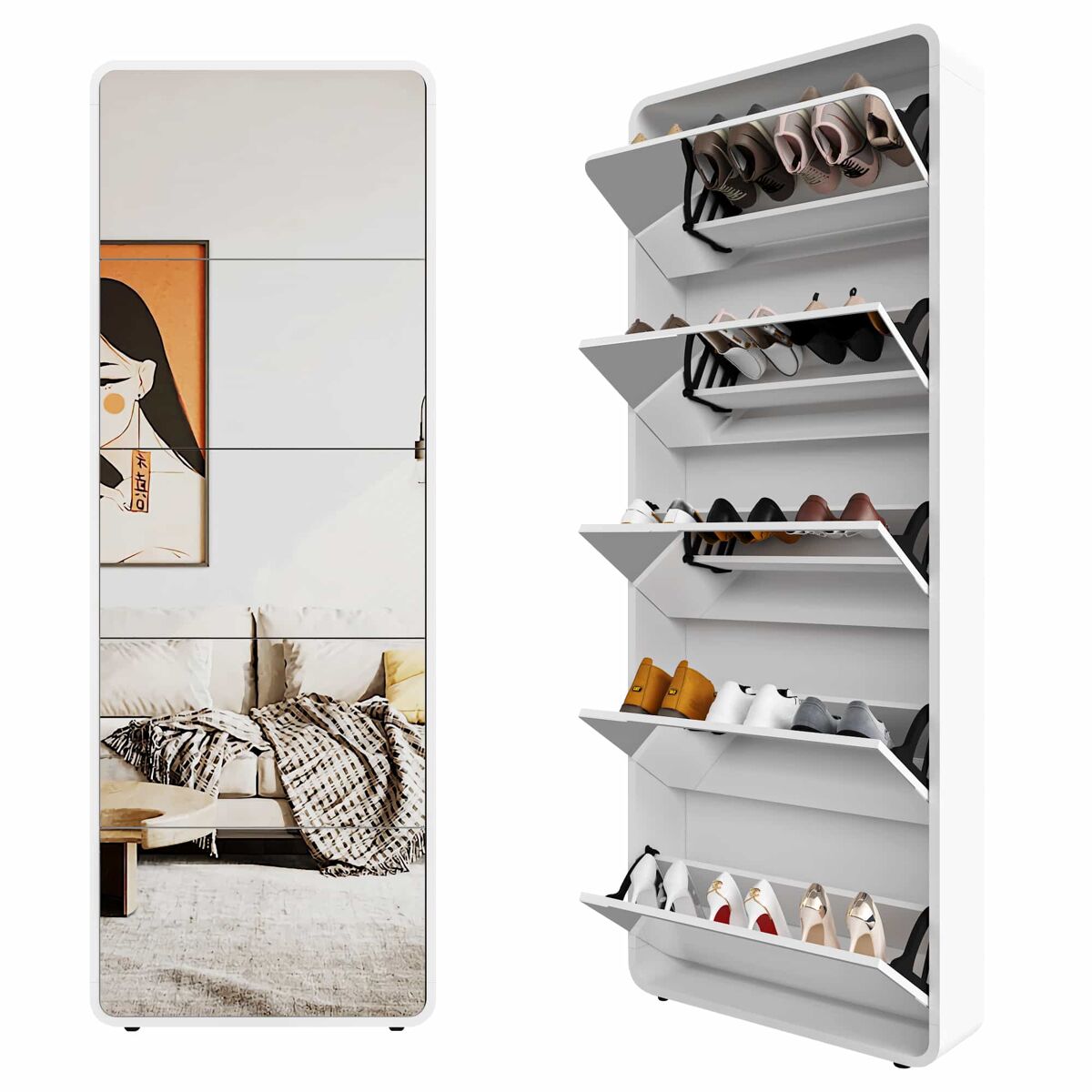 Zapatero con espejo 5 compartimentos - diseño curvo, organizador inclinable - blanco