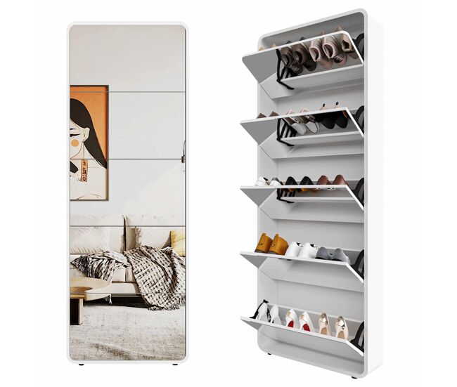 Zapatero con espejo 5 compartimentos - diseño curvo, organizador inclinable - blanco