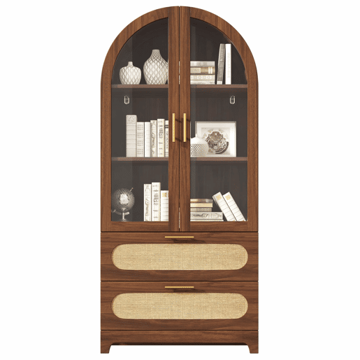 Vitrine-biblioteca 175 x 80 x 40 cm - Arco Montmartre, 2 gavetas, prateleiras ajustáveis, design retro - Nogueira