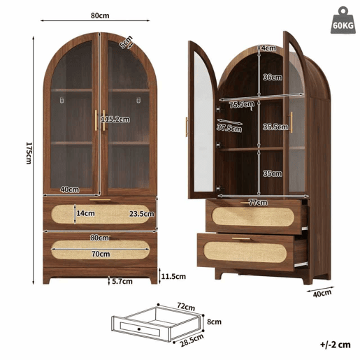 Vitrine-biblioteca 175 x 80 x 40 cm - Arco Montmartre, 2 gavetas, prateleiras ajustáveis, design retro - Nogueira